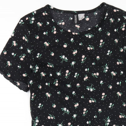H&M Womens Black Floral Polyester Bodycon Size S Round Neck Pullover