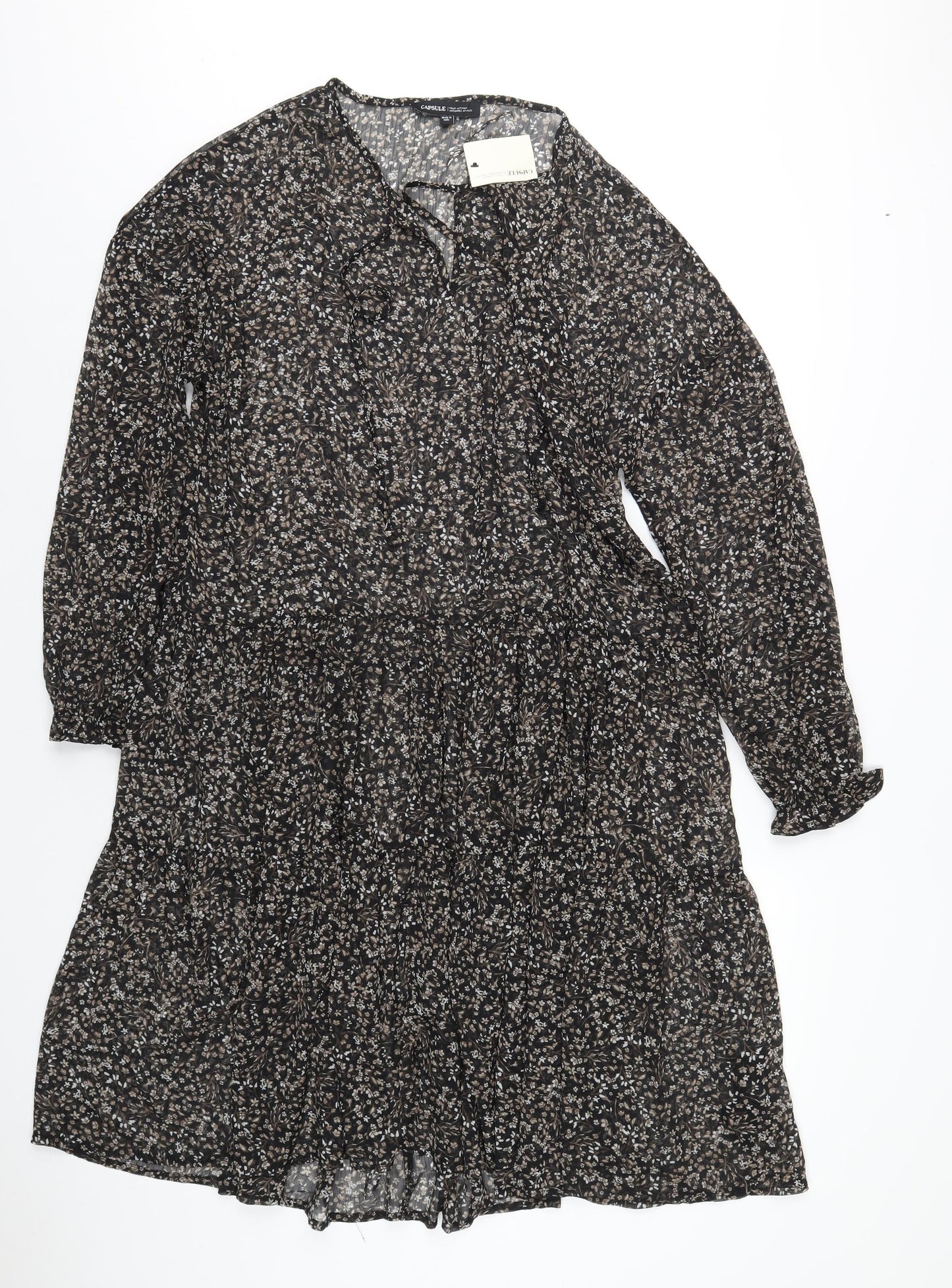 Capsule Womens Black Floral Polyester A-Line Size 14 V-Neck Pullover