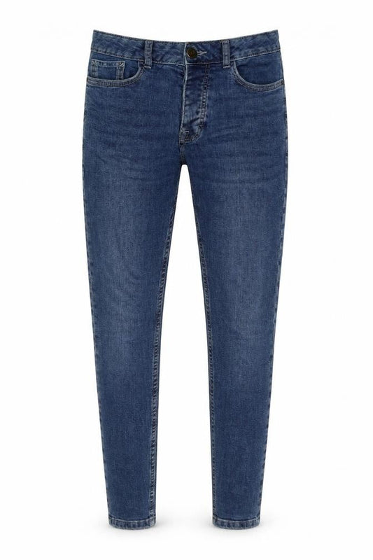 Front view of Denim & Co. men’s blue polyester blend skinny jeans, size 30, in, 29-inch leg regular zip