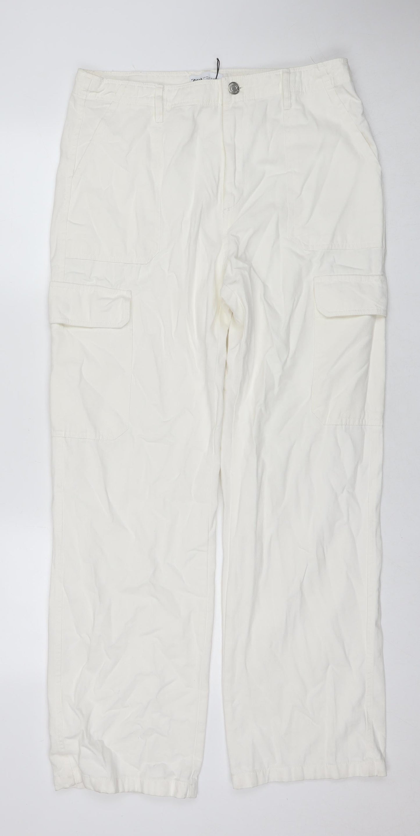Zara Womens White Cotton Straight Jeans Size 14 L31 in Regular Zip - Cargo Style