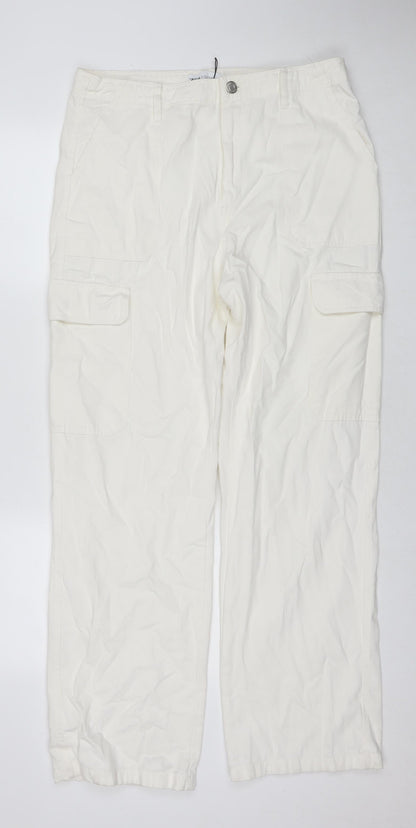 Zara Womens White Cotton Straight Jeans Size 14 L31 in Regular Zip - Cargo Style