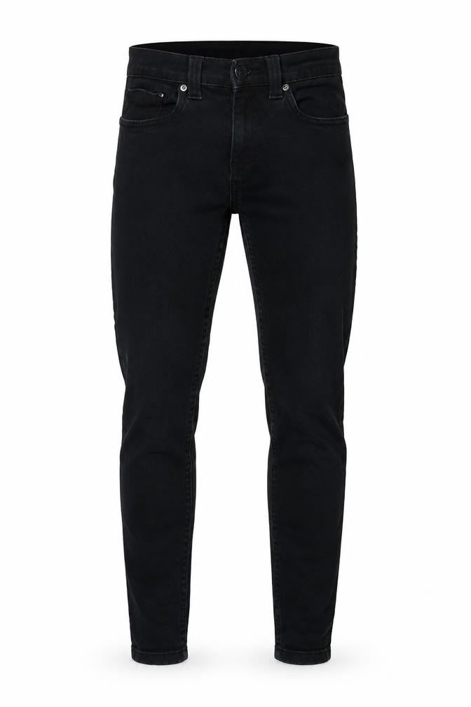Front view of Denim & Co. men’s black cotton skinny jeans, size 28, in, 30-inch leg slim zip