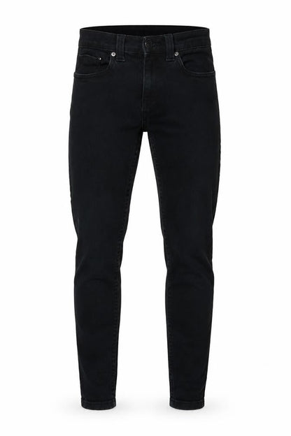 Front view of Denim & Co. men’s black cotton skinny jeans, size 28, in, 30-inch leg slim zip
