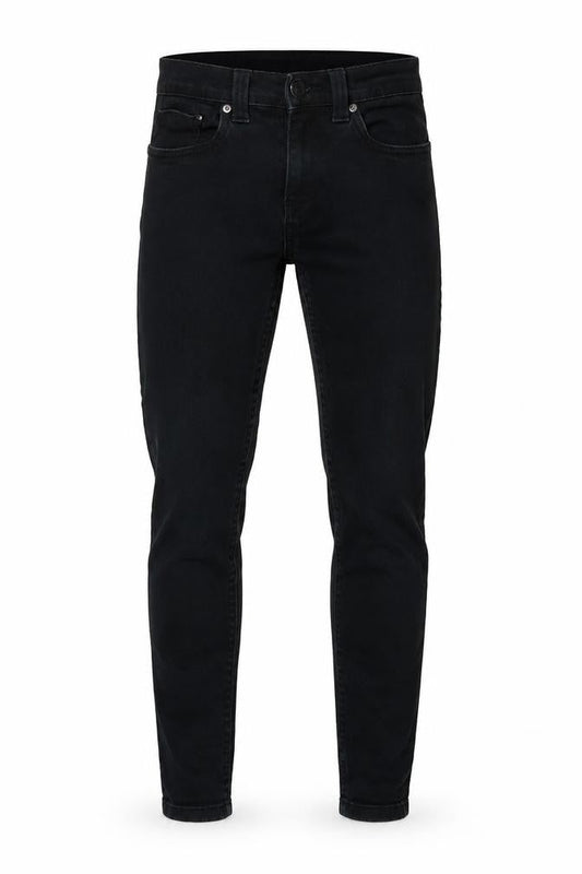 Front view of Denim & Co. men’s black cotton skinny jeans, size 28, in, 30-inch leg slim zip