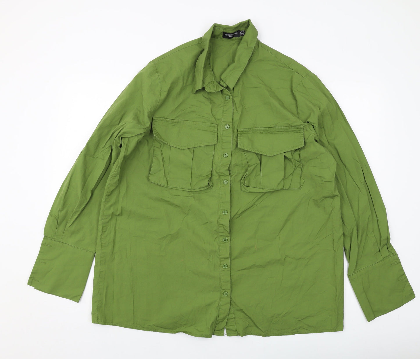 PRETTYLITTLETHING Womens Green Cotton Basic Button-Up Size 2 Collared