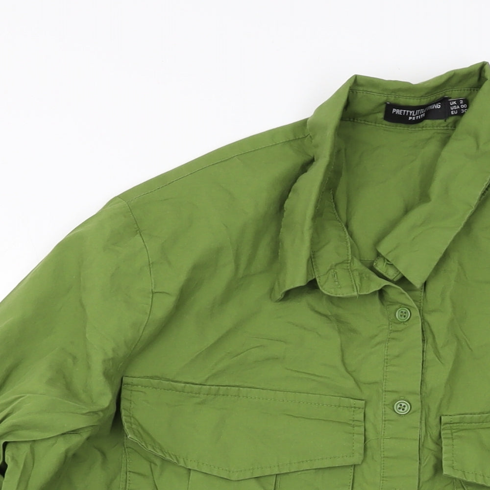PRETTYLITTLETHING Womens Green Cotton Basic Button-Up Size 2 Collared