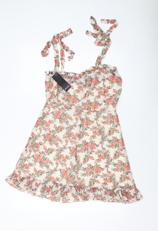 Nasty Gal Womens Pink Floral Polyester A-Line Size 12 Square Neck Zip