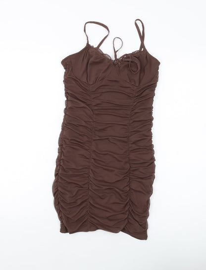 H&M Womens Brown Polyester Mini Size S Square Neck Pullover