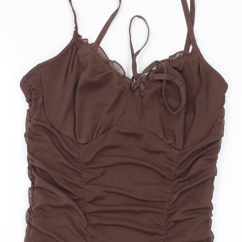 H&M Womens Brown Polyester Mini Size S Square Neck Pullover