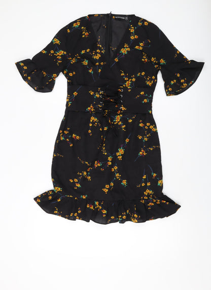 PRETTYLITTLETHING Womens Black Floral Polyester Mini Size 10 V-Neck Zip