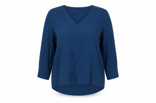Front view of Object women’s blue viscose basic blouse, size UK 12, v-neck