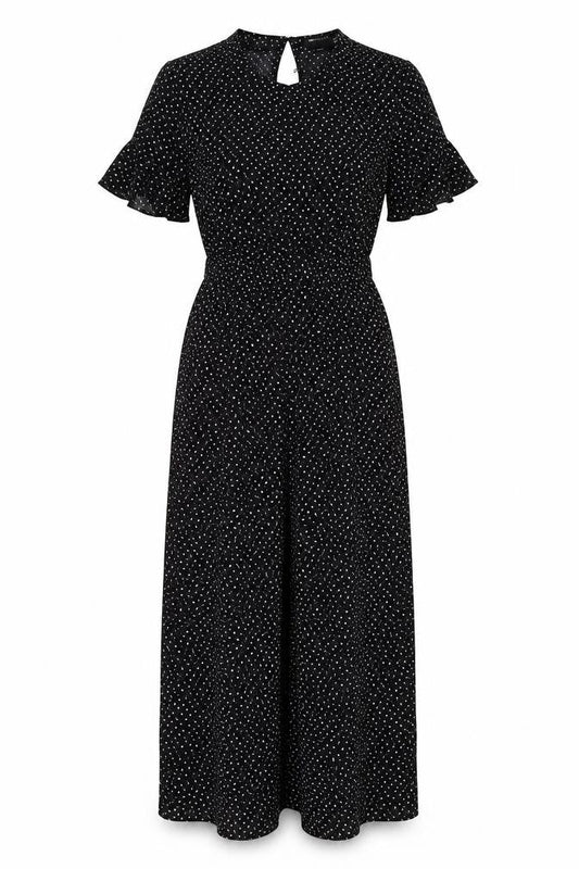 Front view of ASOS women’s black polka dot viscose jumpsuit one-piece, size UK 4, button