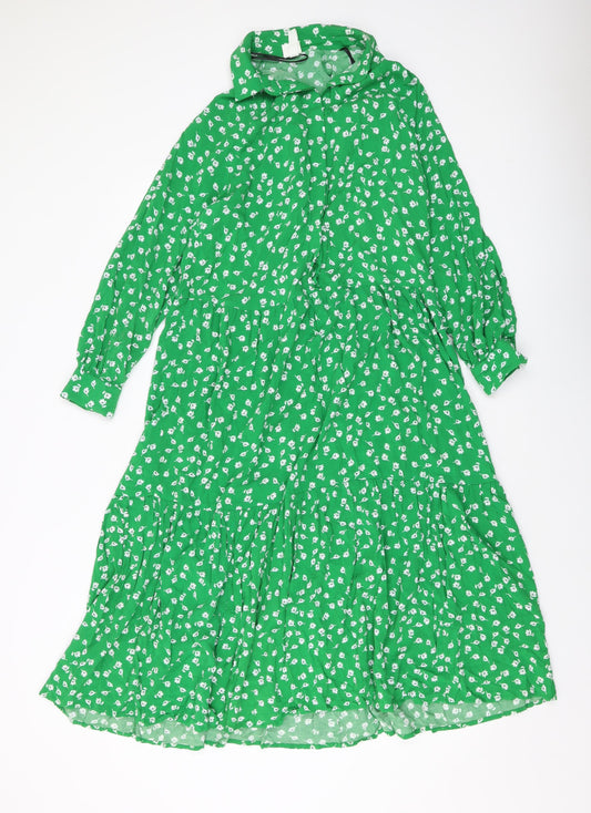 H&M Womens Green Geometric Viscose A-Line Size XS Collared Button