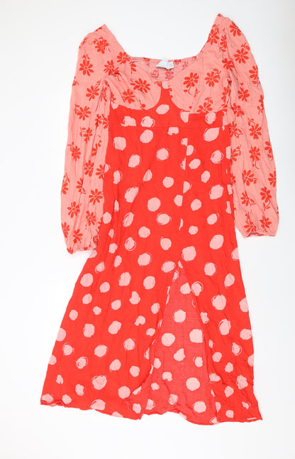 ASOS Womens Red Geometric Viscose A-Line Size 12 Square Neck Pullover