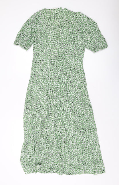 H&M Womens Green Floral Polyester A-Line Size 10 Square Neck Zip