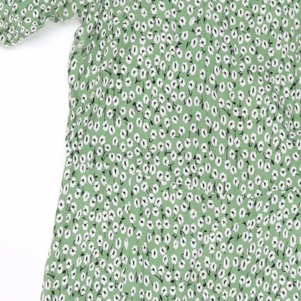H&M Womens Green Floral Polyester A-Line Size 10 Square Neck Zip