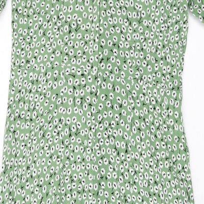 H&M Womens Green Floral Polyester A-Line Size 10 Square Neck Zip