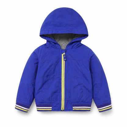 Front view of Mini Club boys’ blue jacket, size 2, years zip
