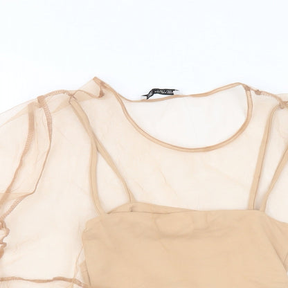 Zra Womens Beige Polyester Basic Blouse Size S Round Neck