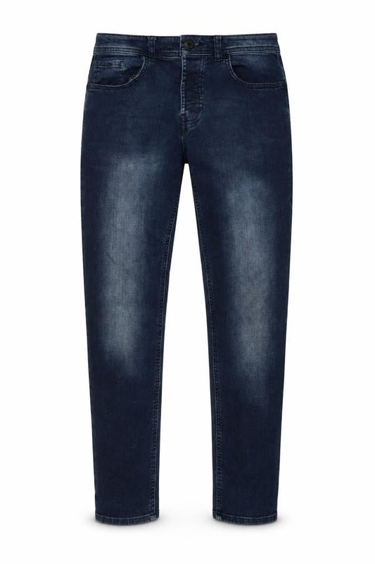 Front view of Denim & Co. men’s blue cotton straight jeans, size 28, in, 30-inch leg slim zip