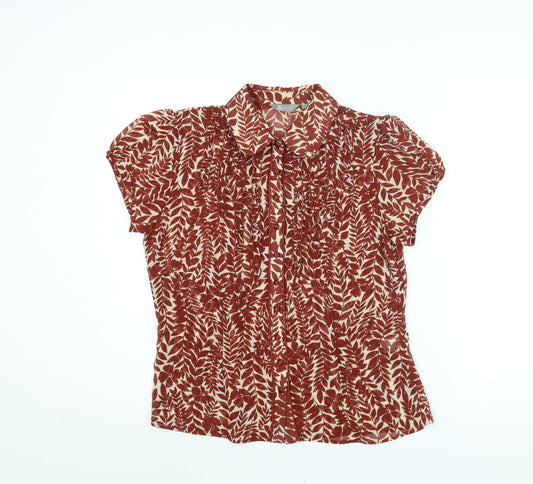 Mia Moda Womens Brown Geometric Polyester Basic Blouse Size 14 Collared