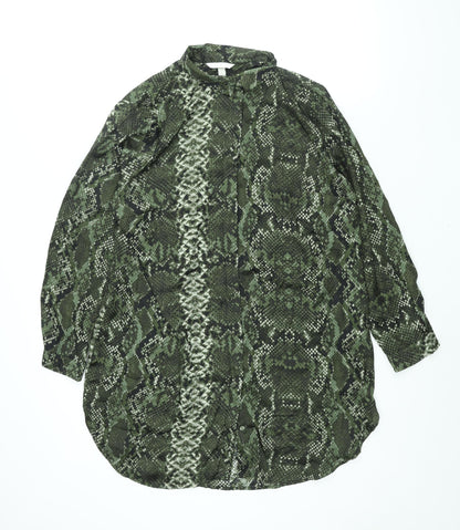 H&M Womens Green Animal Print Polyester Shirt Dress Size 16 Collared Button - Snakeskin Print