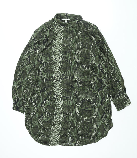 H&M Womens Green Animal Print Polyester Shirt Dress Size 16 Collared Button - Snakeskin Print