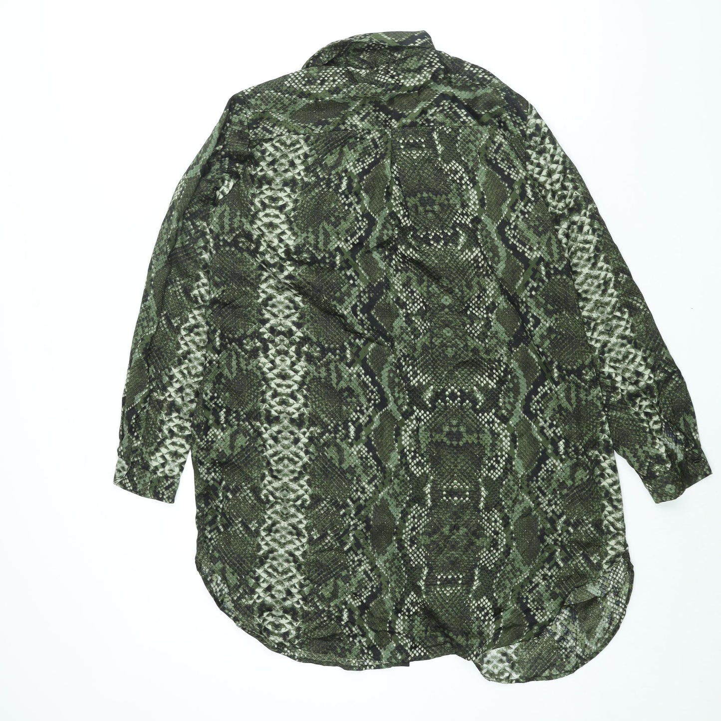 H&M Womens Green Animal Print Polyester Shirt Dress Size 16 Collared Button - Snakeskin Print