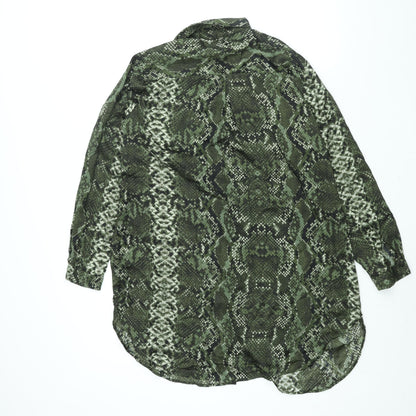 H&M Womens Green Animal Print Polyester Shirt Dress Size 16 Collared Button - Snakeskin Print