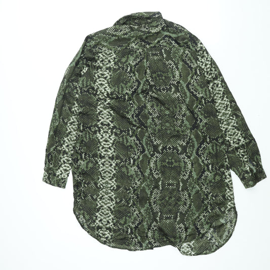 H&M Womens Green Animal Print Polyester Shirt Dress Size 16 Collared Button - Snakeskin Print
