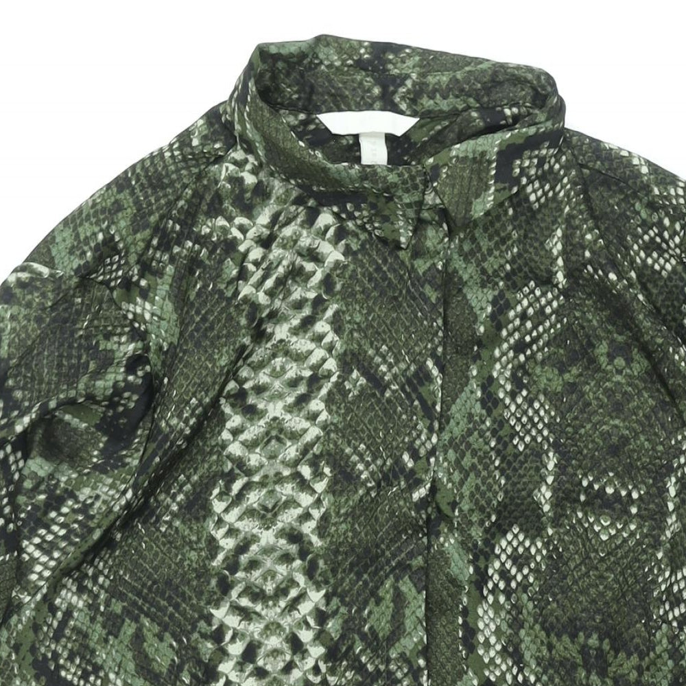 H&M Womens Green Animal Print Polyester Shirt Dress Size 16 Collared Button - Snakeskin Print