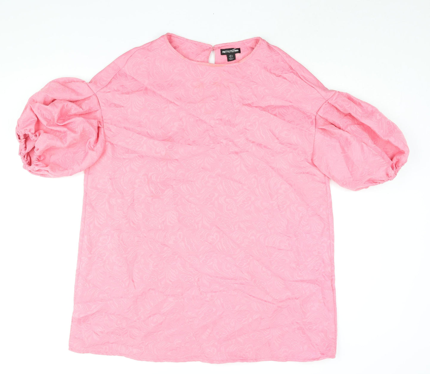 PRETTYLITTLETHING Womens Pink Geometric Polyester Mini Size 8 Round Neck Button - Puff Sleeve