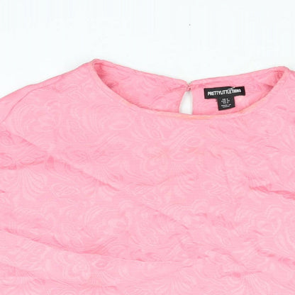 PRETTYLITTLETHING Womens Pink Geometric Polyester Mini Size 8 Round Neck Button - Puff Sleeve