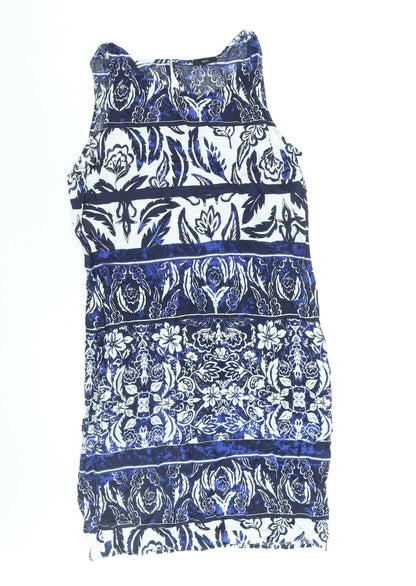 M&Co Womens Blue Geometric Viscose Sheath Size 12 Round Neck Button