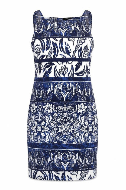 M&Co Womens Blue Geometric Viscose Sheath Size 12 Round Neck Button