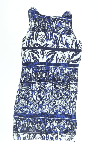 M&Co Womens Blue Geometric Viscose Sheath Size 12 Round Neck Button