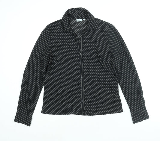 Anne Brooks Womens Black Striped Polyester Basic Button-Up Size 12 Collared