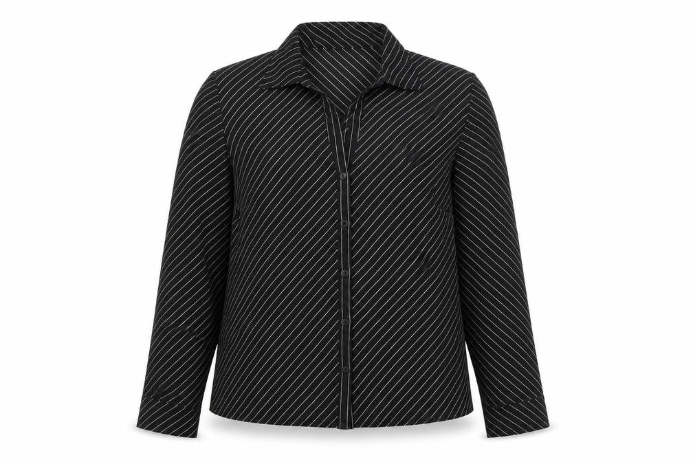 Anne Brooks Womens Black Striped Polyester Basic Button-Up Size 12 Collared