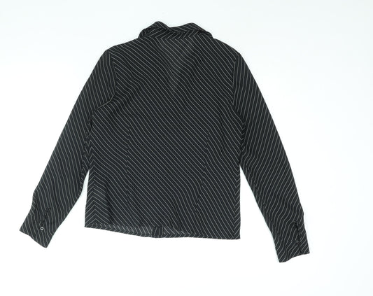 Anne Brooks Womens Black Striped Polyester Basic Button-Up Size 12 Collared