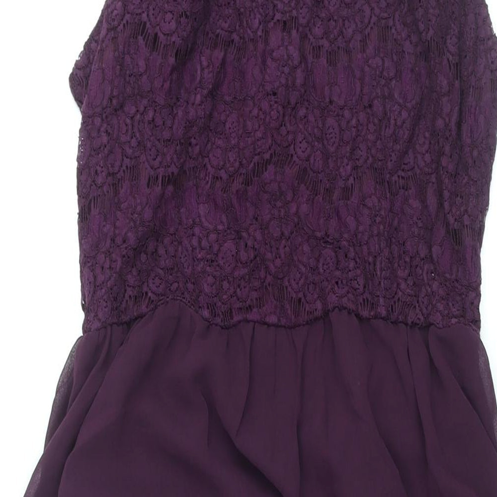 New Look Womens Purple Cotton Shift Size 12 Round Neck Zip - Lace Bodice