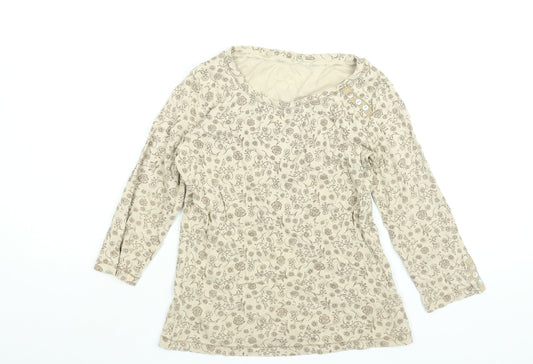M&Co Womens Beige Floral Cotton Basic T-Shirt Size S Round Neck - Button Detail