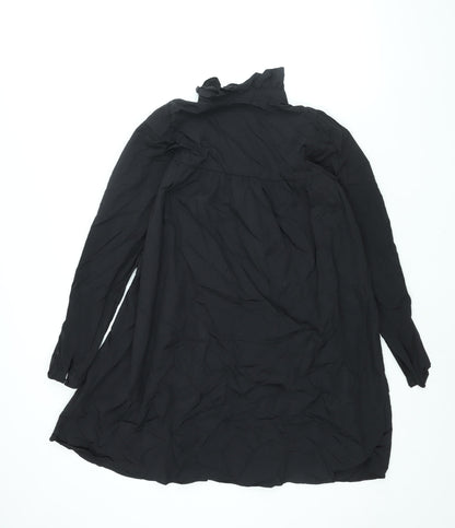 H&M Womens Black Polyamide Shift Size S Mock Neck Button - Smocked Frill