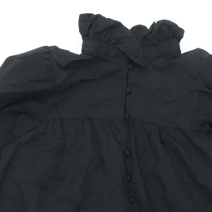 H&M Womens Black Polyamide Shift Size S Mock Neck Button - Smocked Frill