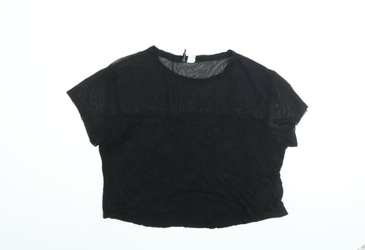 Divided by H&M Womens Black Viscose Cropped Blouse Size M Round Neck - Mesh Panel