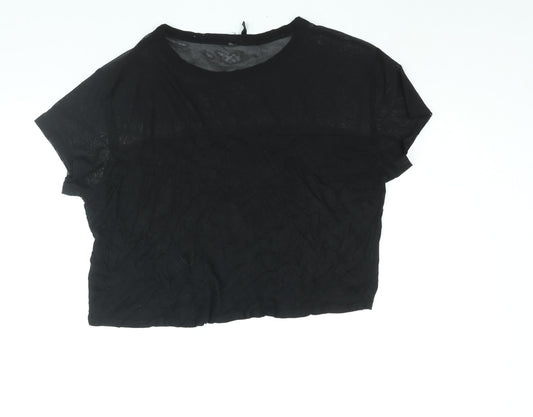 Divided by H&M Womens Black Viscose Cropped Blouse Size M Round Neck - Mesh Panel
