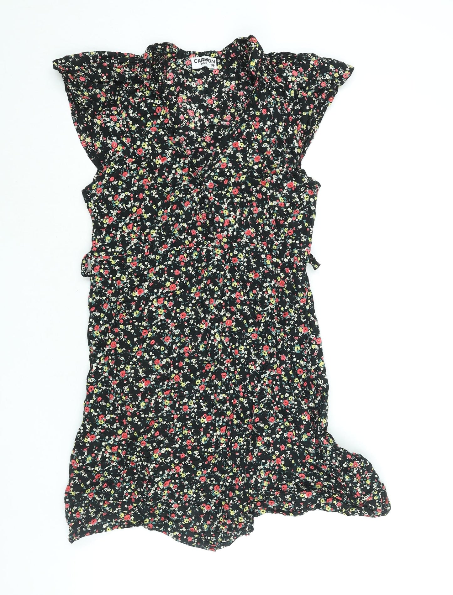 Carbon Pink Womens Black Floral Cotton Mini Size 14 V-Neck Zip - Belted Button Detail