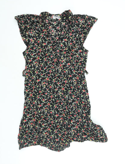 Carbon Pink Womens Black Floral Cotton Mini Size 14 V-Neck Zip - Belted Button Detail