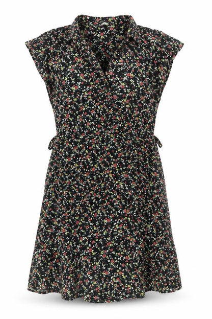Carbon Pink Womens Black Floral Cotton Mini Size 14 V-Neck Zip - Belted Button Detail