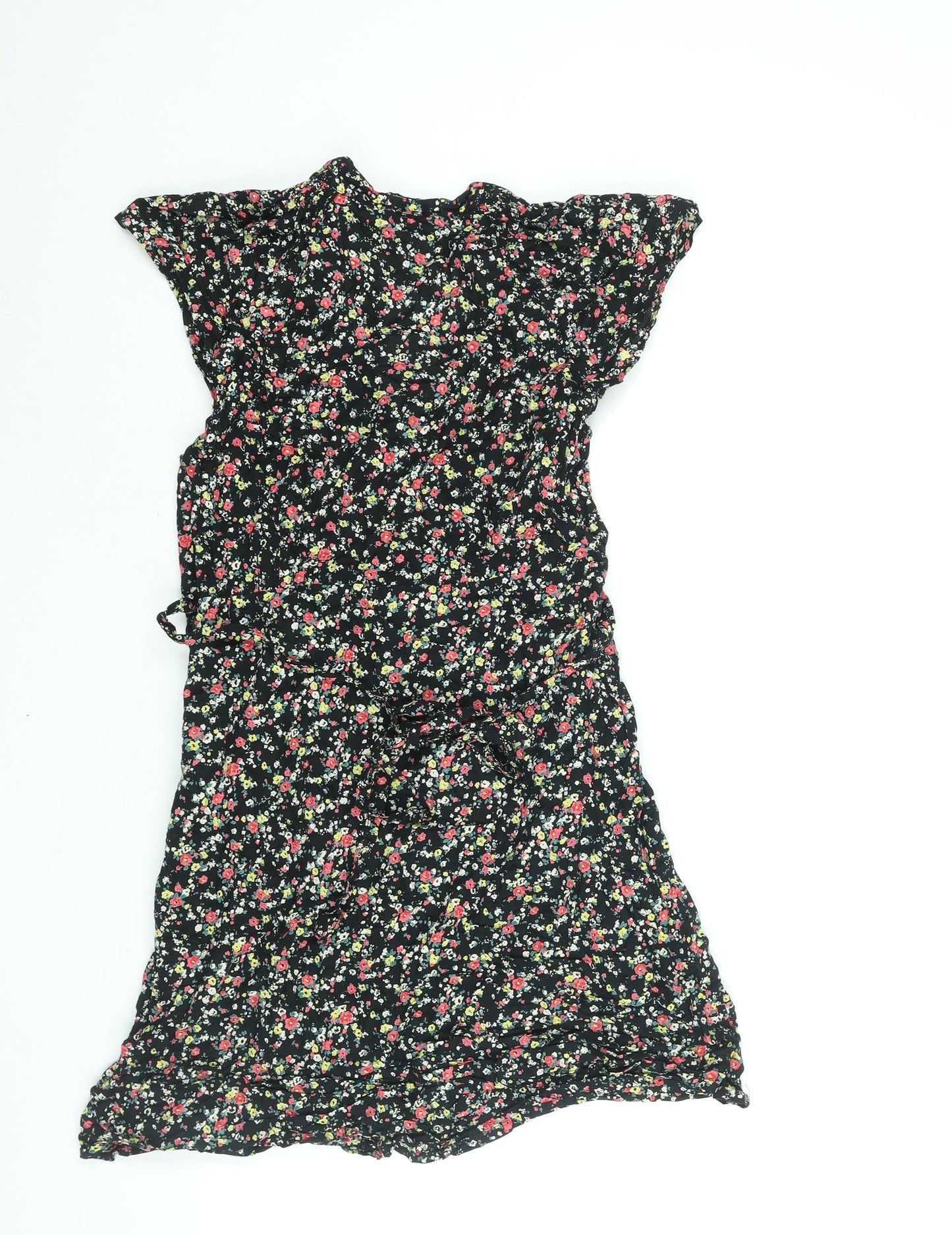 Carbon Pink Womens Black Floral Cotton Mini Size 14 V-Neck Zip - Belted Button Detail
