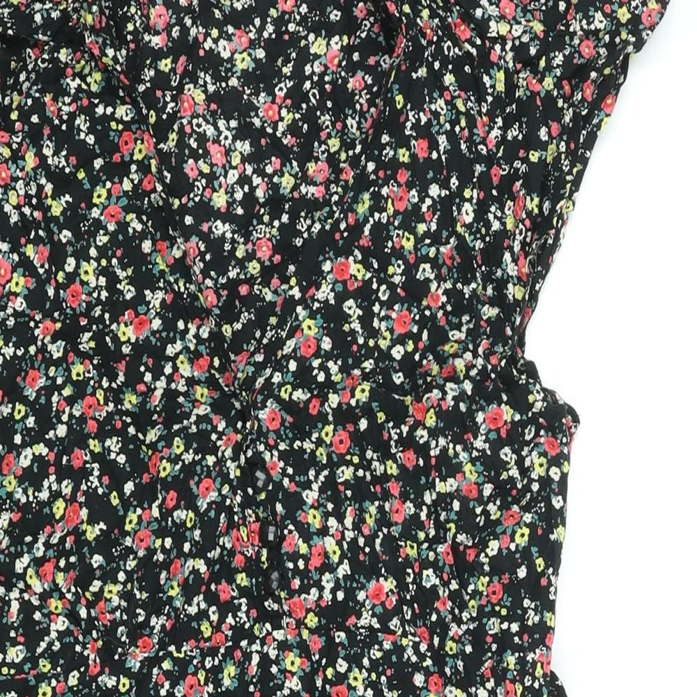 Carbon Pink Womens Black Floral Cotton Mini Size 14 V-Neck Zip - Belted Button Detail